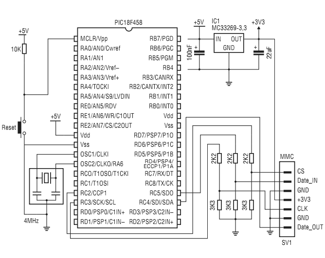 Схема подключения карты памяти к микроконтроллеру