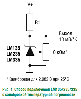 Рис. 1. Способ подключения LM135/235/335 с калибровкой температурной погрешности