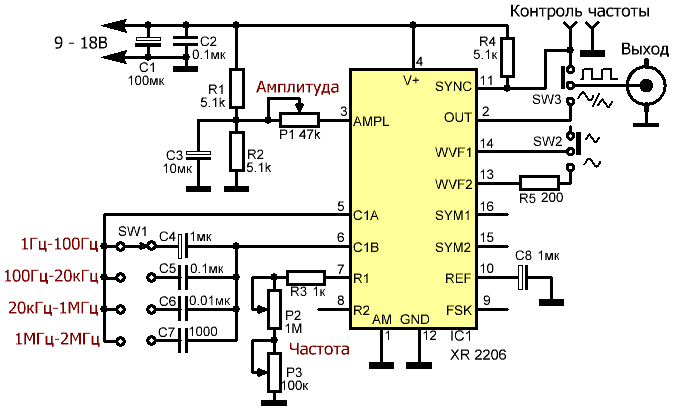 Принципиальная схема функционального генератора на XR2206