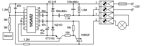 Рис.1 Принципиальная схема и внешний вид сенсорного регулятора на 145АП2 (первый вариант)
