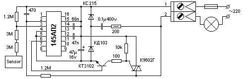 Рис.2 Принципиальная схема и внешний вид сенсорного регулятора на 145АП2 (второй вариант)