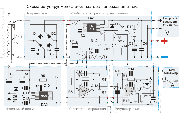 Схема регулируемого источника тока и напряжения