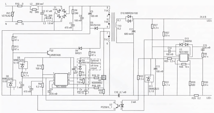 Принципиальная схема 11-Вт драйвера на базе микросхемы NCL30000 (ON Semiconductor)