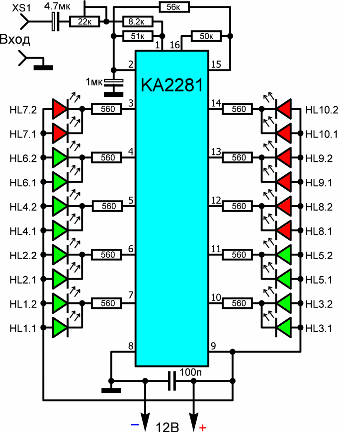 Схема подключения моно индикатора на ka2281