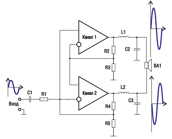 Упрощенная схема УМЗЧ с мостовым выходом (с параллельно-последовательным управлением)
