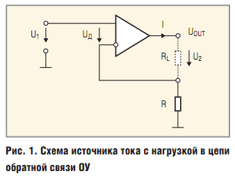 Схема источника тока с нагрузкой в цепи обратной связи ОУ