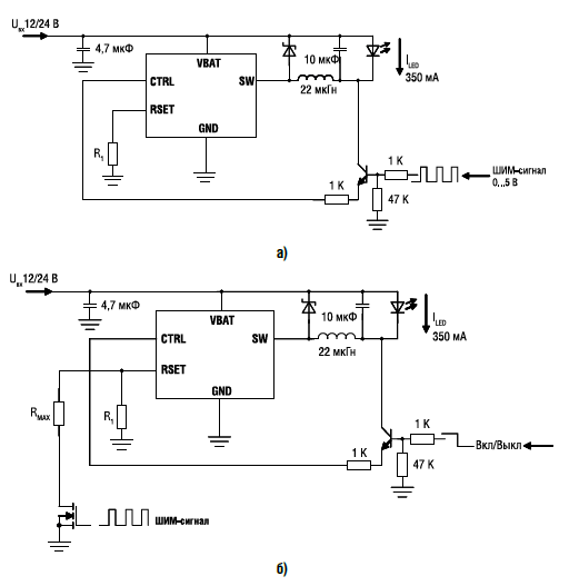 Управление CAV4201. а) подача ШИМ-сигнала на вход управления CTRL; б)переключение токозадающих резисторов