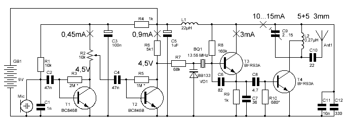 Схема радиомикрофона с кварцевой стабилизацией