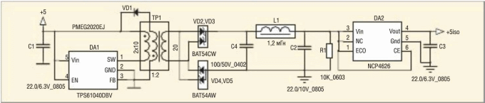 Схема изолированного DC/DC-преобразователя 5 В/5 В на контроллере TPS61040DBV