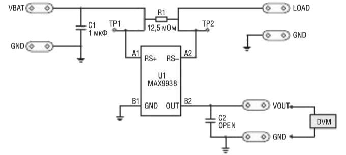 Стандартным шунтом для MAX9938EV является 50-мОм четырёхвыводной резистор (R1). Параллельно R1 подключались шесть 100-мОм резисторов, чтобы получить сопротивление 12,5 мОм