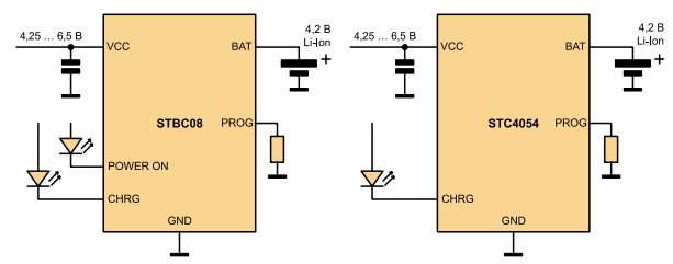 схемы включения микросхем STBC08 и STC4054 