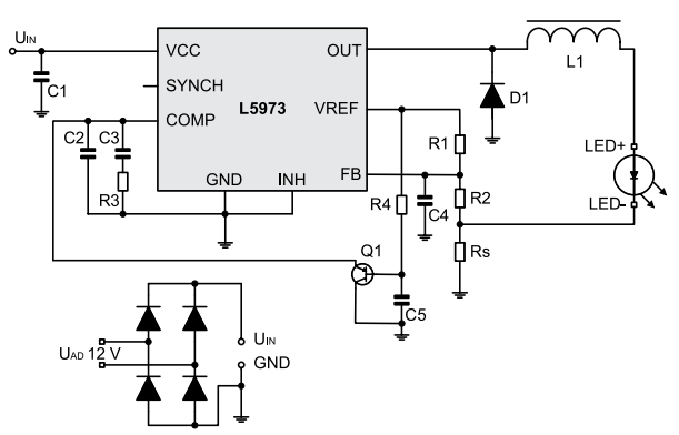 вариант использования микросхемы l5973AD в качестве основы драйвера для мощных  светодиодов